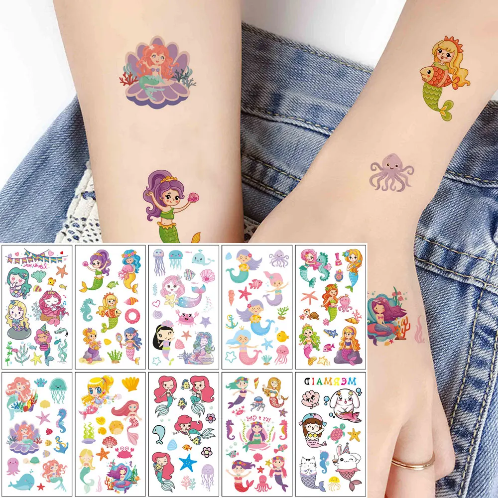10pcs Cartoon Temporary Tattoo Stickers  Cute Mermaid Whale Octopus Fake Tattoo  Body Art Fake Tattoo