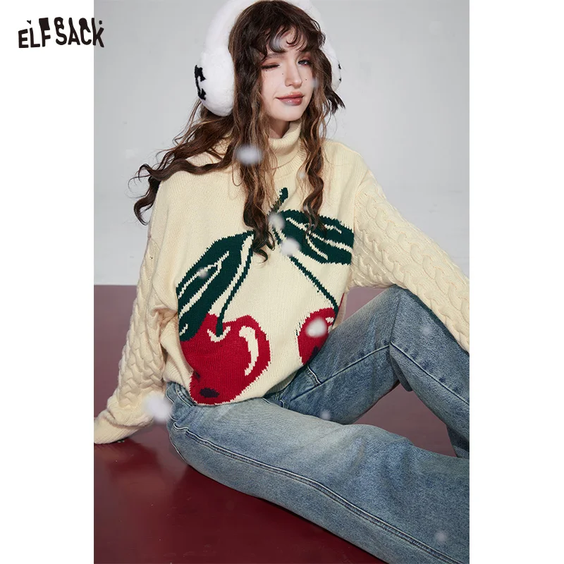 ELFSACK Christmas Cherry Turtleneck Sweater Women 2023 Winter Plus Size Korean Fashion Knitwears