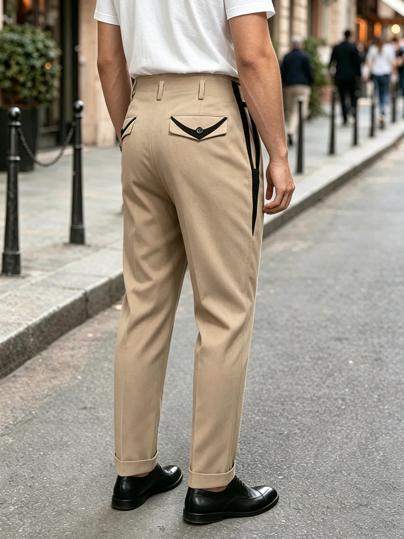 Elegant Men Office Commute Pants, Spring Summer Contrast Color Splice Waist Loose Straight Pants Daily Trousers