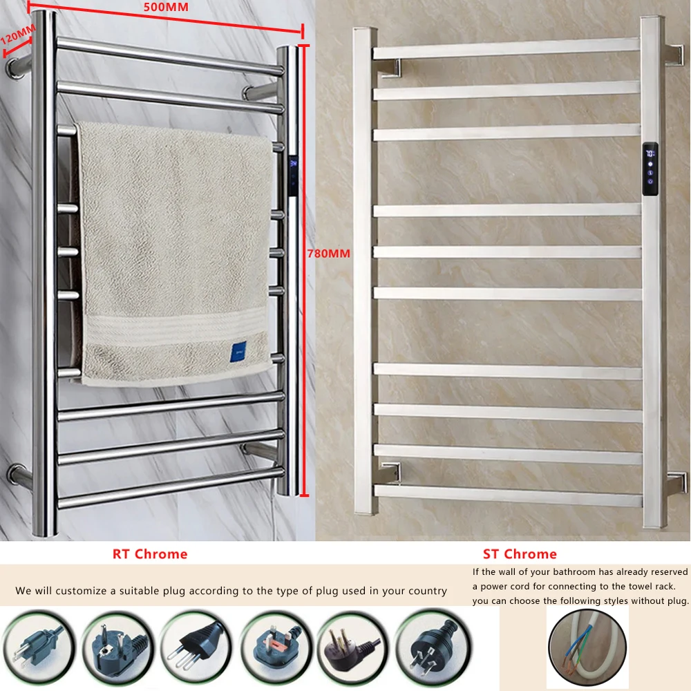 Toallero eléctrico de acero inoxidable 304, Control de temperatura y tiempo, toallero calefactable inteligente, calentador de toallas 780*500*120mm