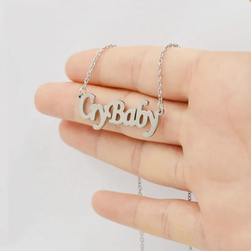 Cute Crybaby Letter Necklace Stainless Steel Gothic Cry Baby Word Cursive English Script Charm Chain Choker for Women Girls Kids