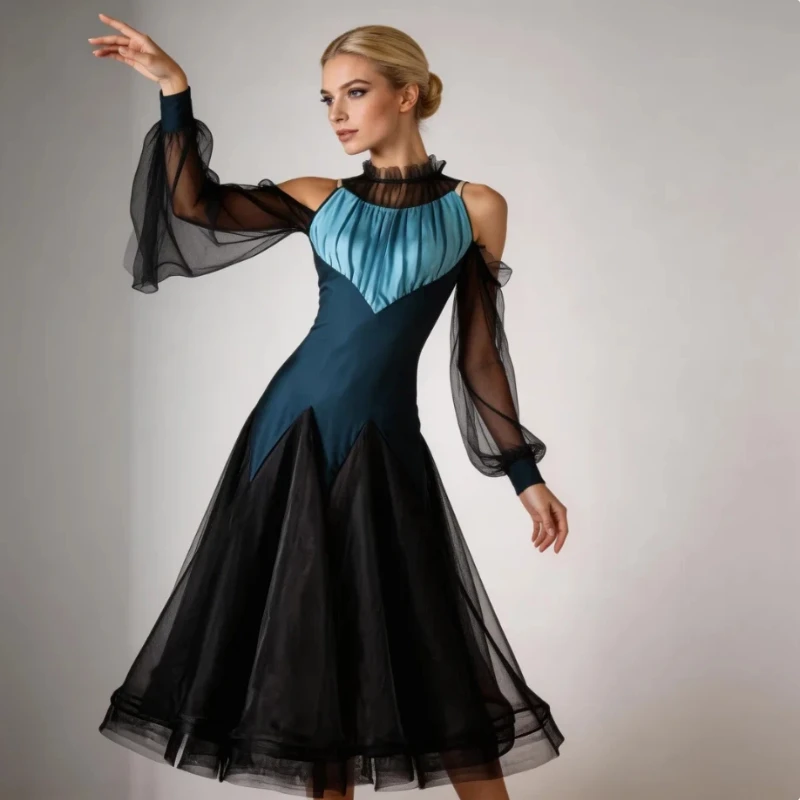Modernes Tanzkostüm für Mädchen und Erwachsene: Langärmliges Ballkleid für Wettbewerbe, Walzer und Abendbühnen-Auftritte
