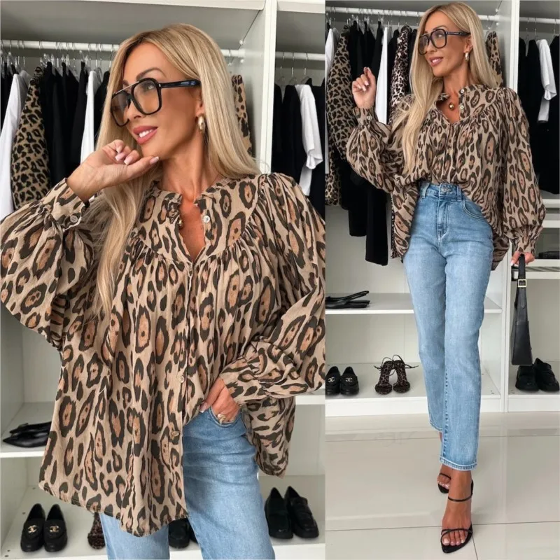 Autumn Fashion Street Leopard Print Loose Shirt Women Long Sleeve Casual Tops Office Holiday Blouses 2025 Spring Womens Clothing