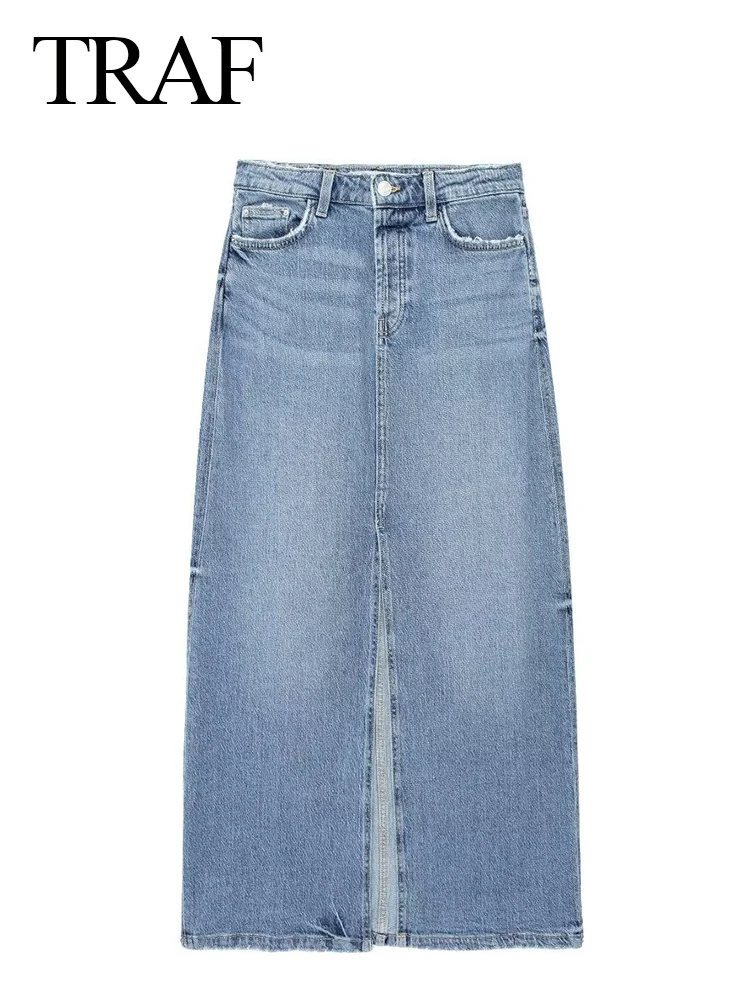 TRAF 2024 Female Fashion Denim Skirt Casual Vintage Women Front Slit Blue Denim Pockets Slim High Waist Zipper Fly Midi Skirts