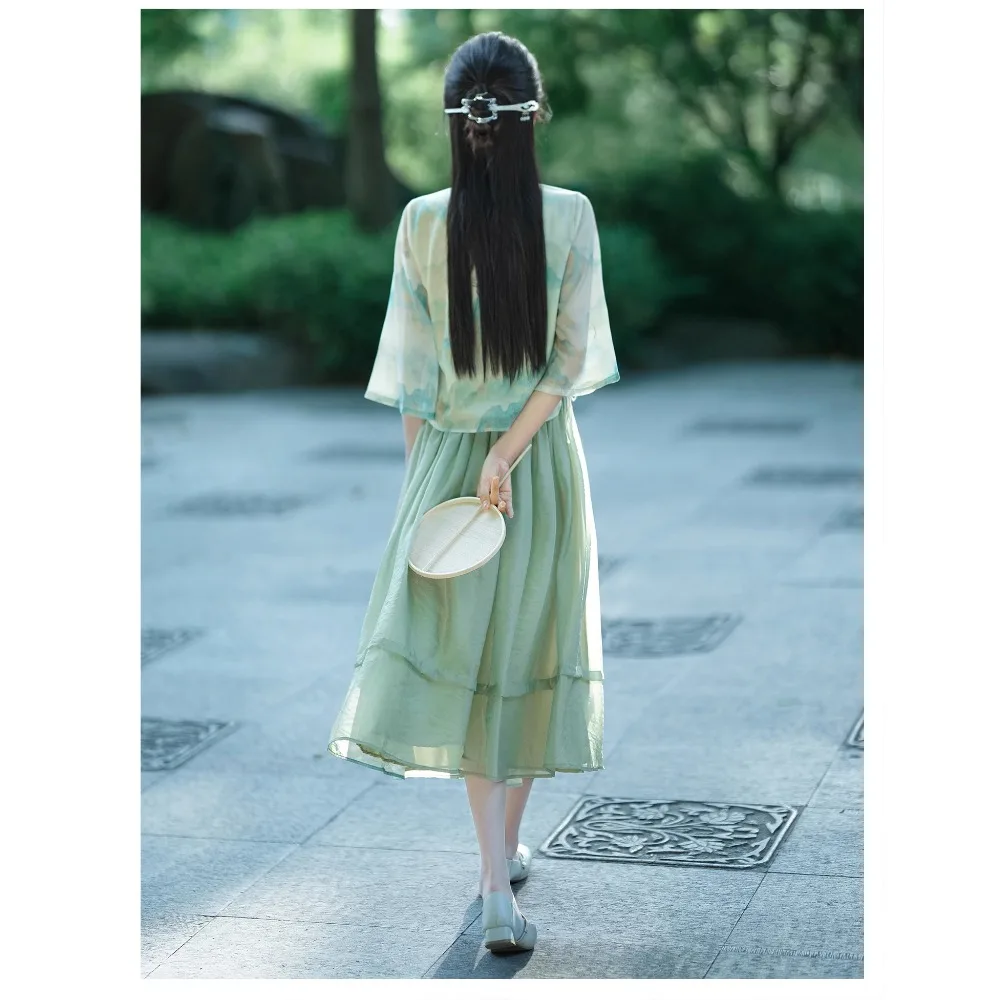 Green Hanfu Set Female Summer Chinese Style Tea Art Clothing Zen Women's Dress Improved Cheongsam Two-piece Dress Tang Suit Set