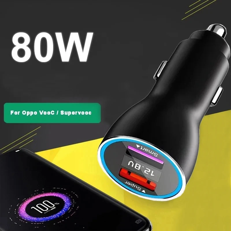 Dual Ports 80W SUPERVOOC 2.0 SuperDart Car Fast Charger 8A Type-C Cable For OPPO Find X5 X3 Pro Reno 7 Realme X50 Pro GT GT2 Neo