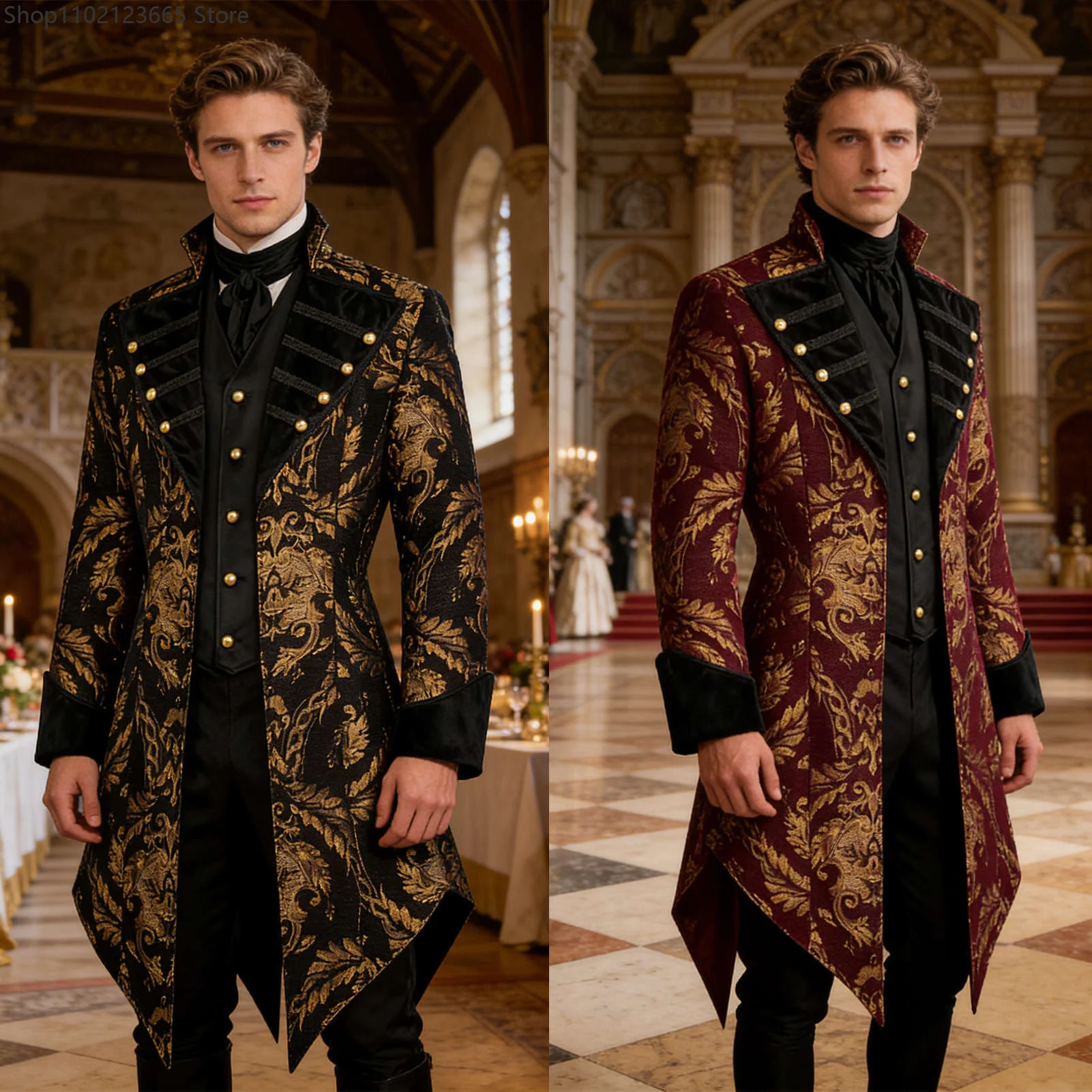 

Medieval Renaissance Gothic Steampunk Tuxedo Jacket Men's Fashion Wedding Party Floral Trench Coat Victoria Pirate Steam Jacket