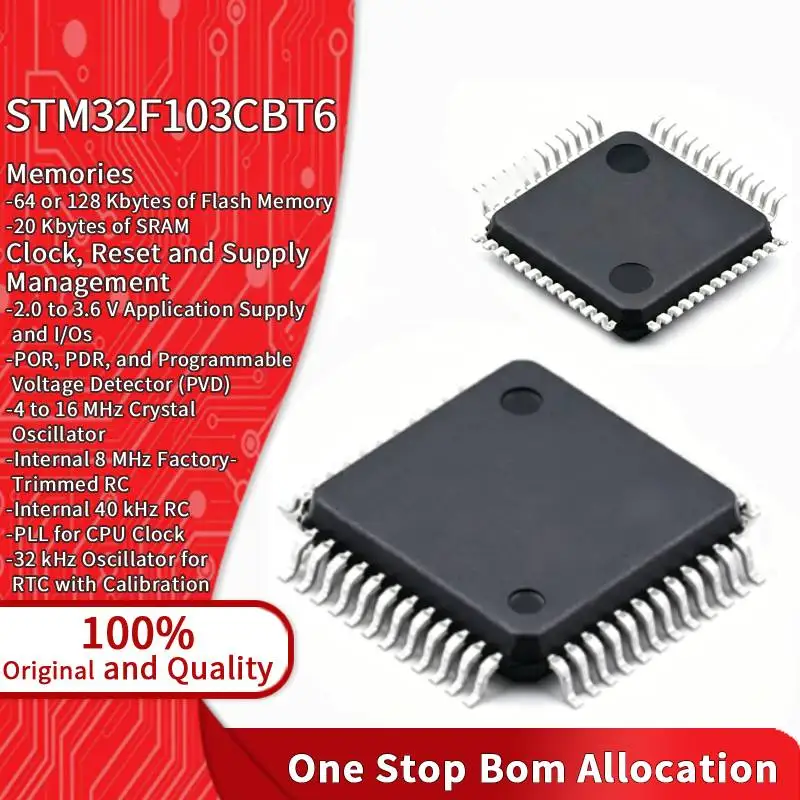 STM32F103CBT6 LQFP48 Package ARM Cortex M3 Core 32 Bit 72MHz Flash Microcontroller STM32F103 Series Integrated Circuit IC Chip