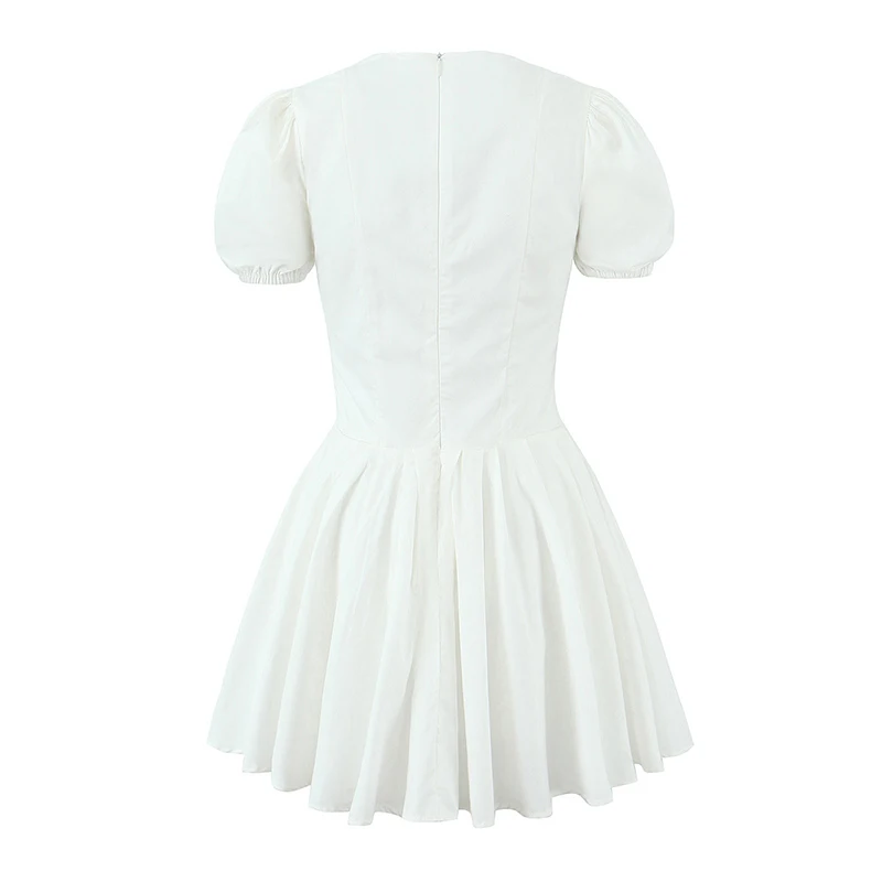 Sweet Women White Princess Mini Dress Vintage Puff Sleeve Low Waist Lady Birthday Party Dress Pretty Girl Summer Robe