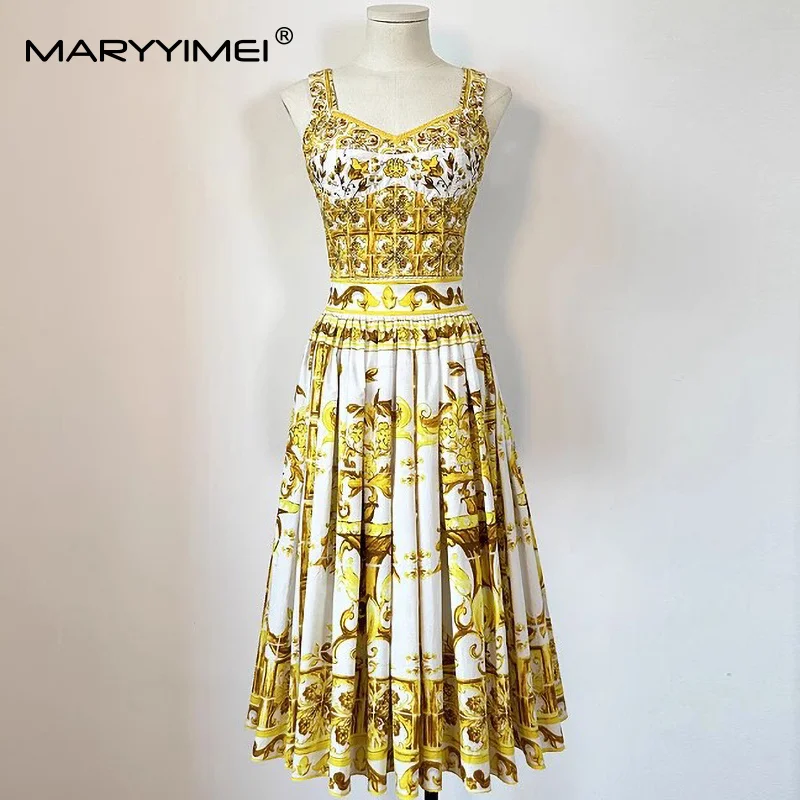 

Seifrmann Summer Women Suit Sweetheart Neck Spaghetti Strap Short Tops+Fashion Pleated Skirt Baroque print Cotton 2-piece set