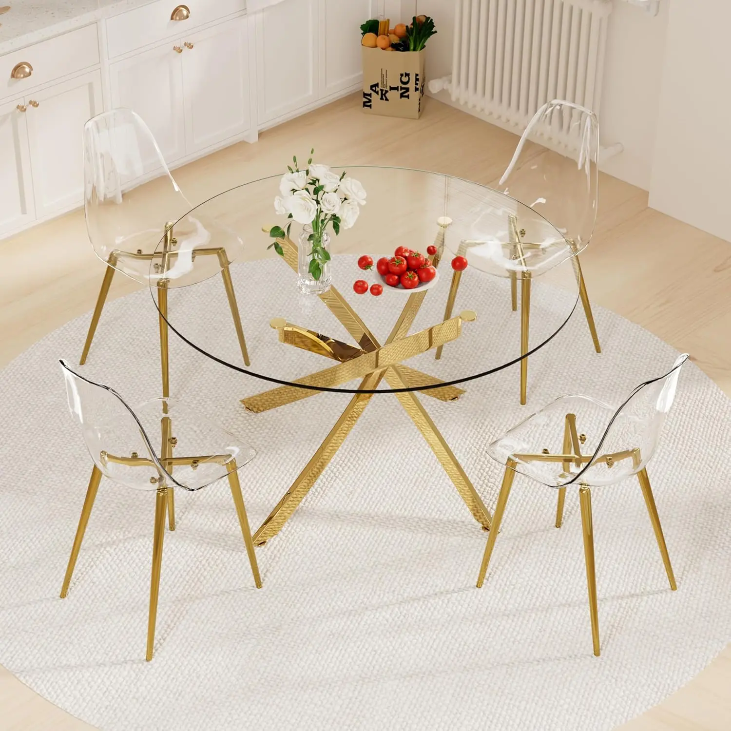 Clear Round Glass Dining Table Set For 4, 5 Piece Circle Kitchen Table Set, 47'' Modern Circular Dining Room Table Set,