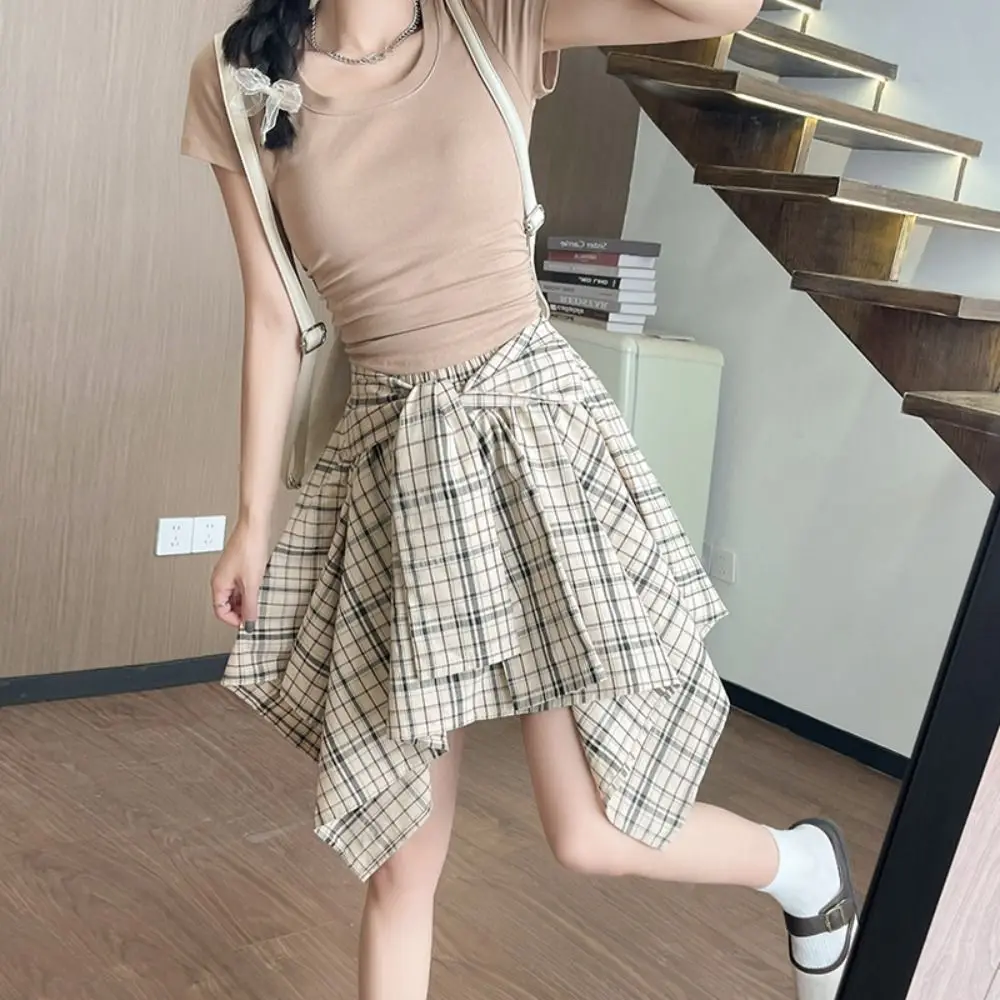 

Retro Irregular Plaid Shirts Skirt A-line High Waist Fake Two-piece Skirts Spicy Girl Style Lace-up Plaid Shorts Skirt Female