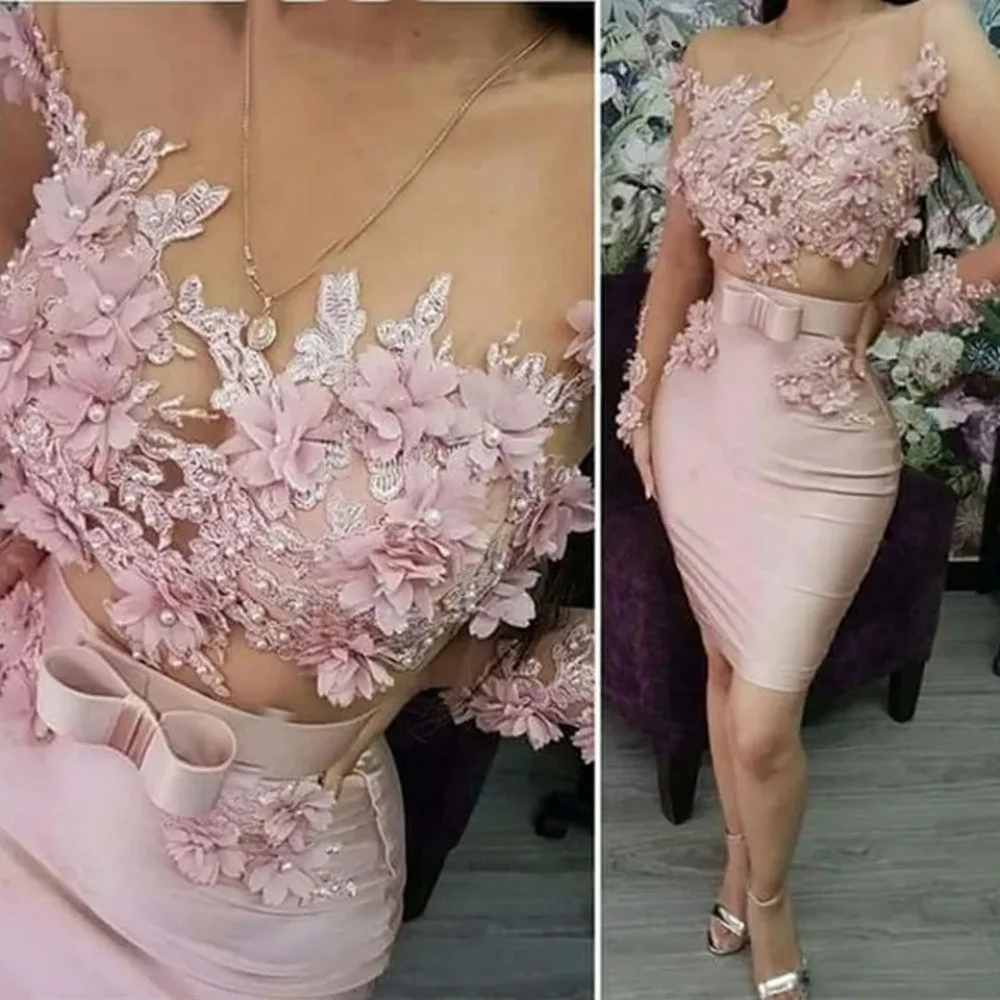 

Pink Sexy Short Prom Dresses For Women Stereo Flower Beads Appliques Sheer Neck Long Sleeves Illusion Satin Party Evening Dress