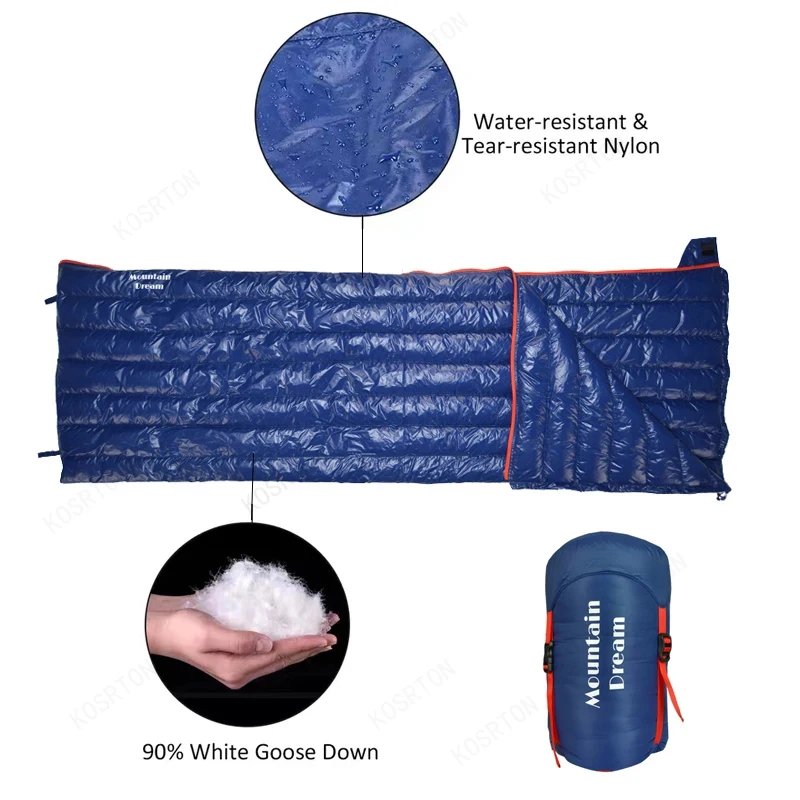 التخييم في الهواء الطلق كيس النوم 90% أوزة أسفل الكبار المغلف نوع خفيفة المحمولة الانزلاق أسفل كيس النوم 3 الموسم حقيبة دافئة