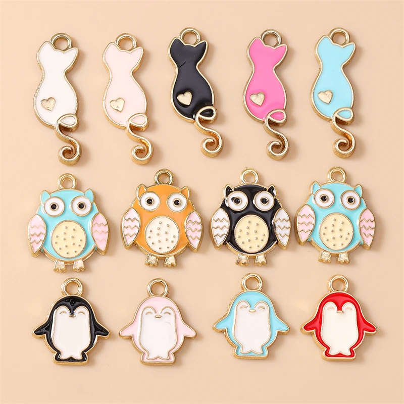10 Stück niedliche, gemischte Emaille-Anhänger in Tierform (Katze, Eule, Pinguin) für die Schmuckherstellung, Halsketten, Ohrringe, Armbänder, DIY-Bastelbedarf – Detail 1