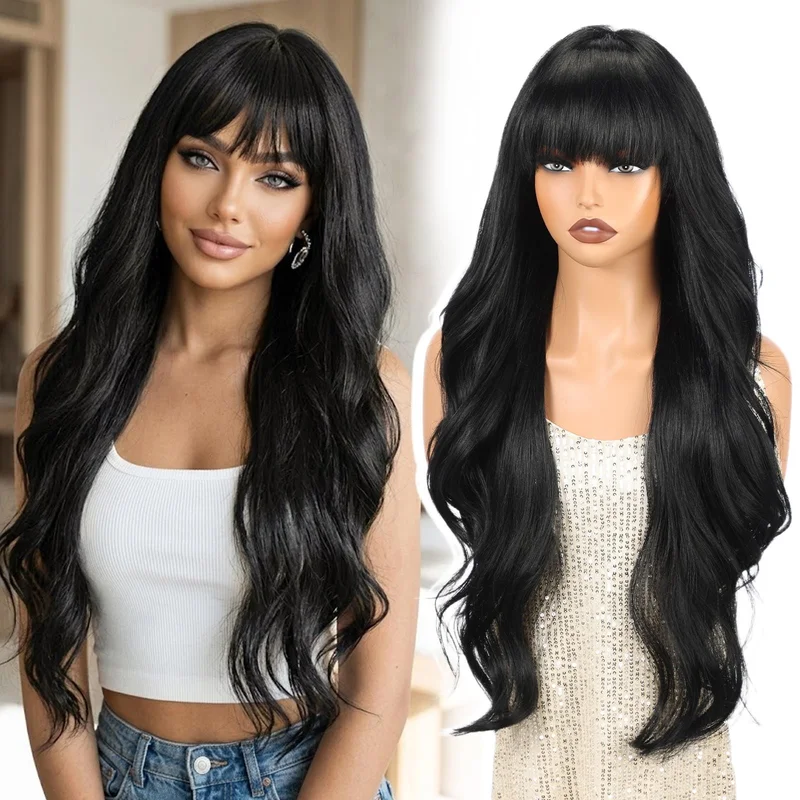 Black Wavy Wig with Bangs, 28 Inch Layered Long Curly Wig for Woman, Heat-Res...