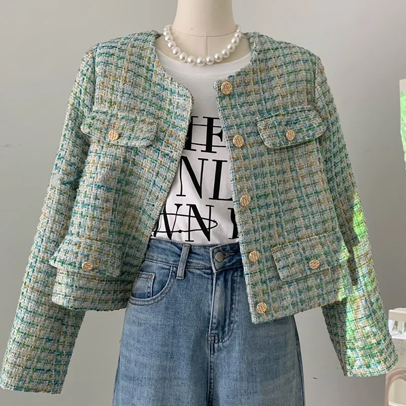 

Green plaid coat women's autumn and winter 2024 new French fashion ladies Joker temperament short button pocket coat.