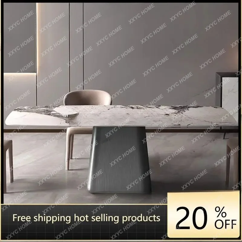 XXlight luxury rock slab dining table stainless steel simple rectangular villa high-enlight dining table