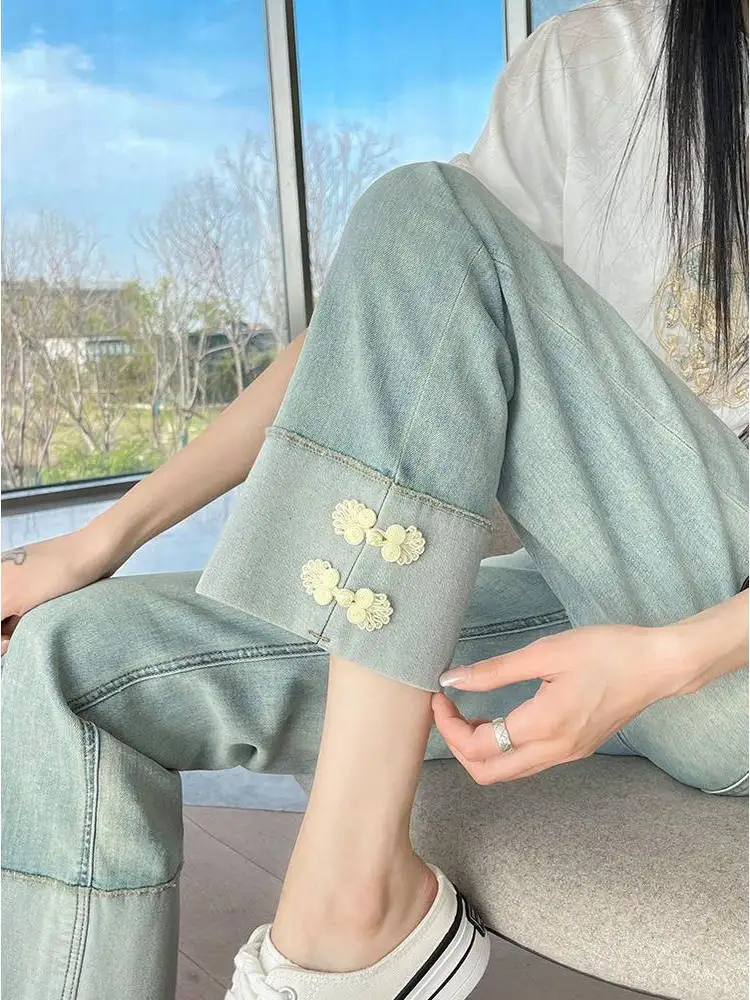 

Новые китайские джинсы с высокой талией и прямым кроем для женщин, осенне-летние, с высокой талией, длиной 7/8, маленький размер...