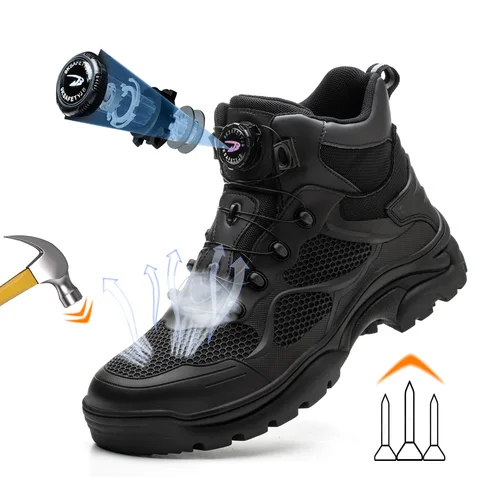 회전 다이얼 레이싱 시싱 새로운 작업 부츠 안전 강철 발가락 신발 남성 보호 신발 스매시 펑크 방지 하이 탑 안전 부츠 남성 스니커즈 초경량 여름 통풍안전화