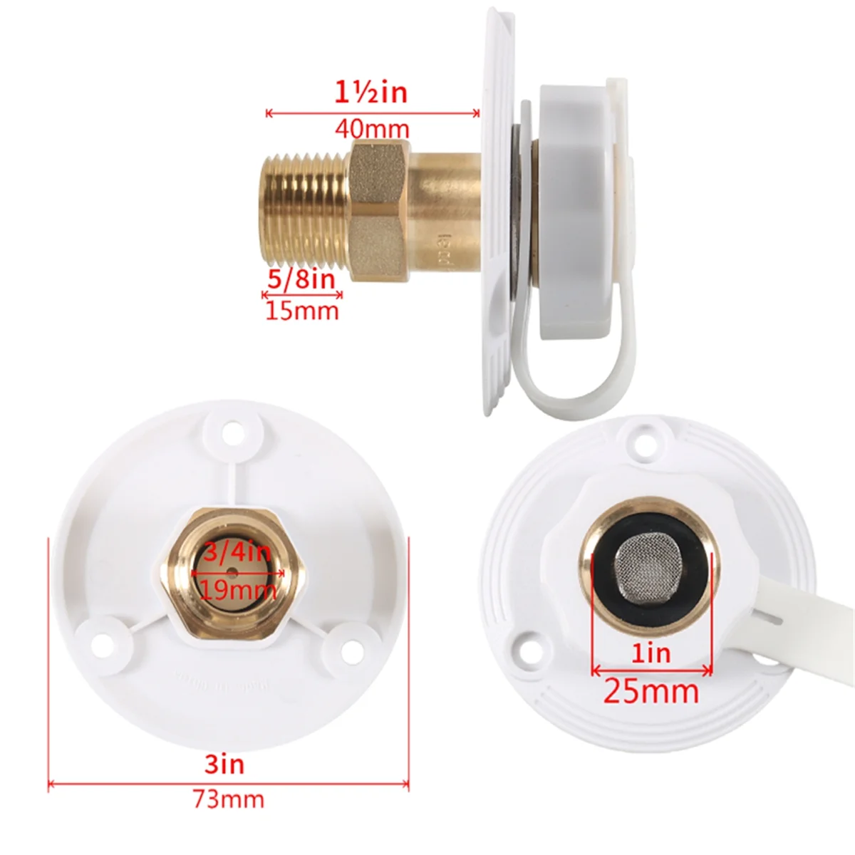 RV Water Inlet Connection City Water Fill Inlet Flange Brass with Check Valve RV Water Hose Connector White