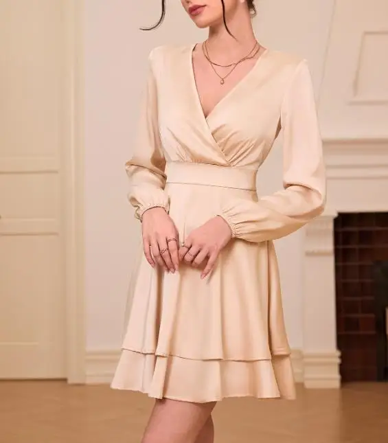 

Autumn and Winter Women's Elegant Style Satin Dress with V-Neck Lantern Sleeves Slim Fit Short Skirt, Commuting Business Dress
