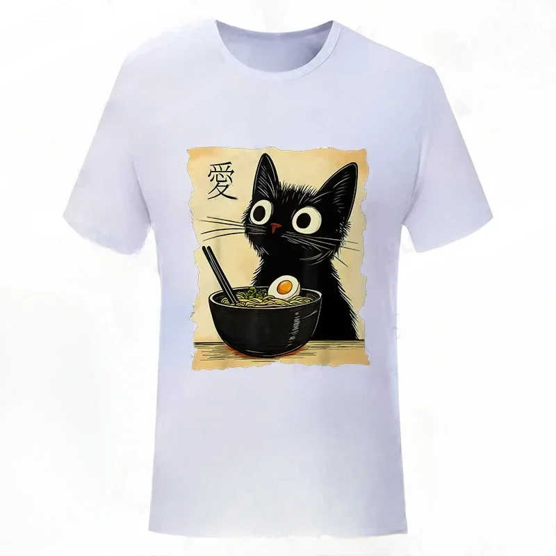 القط رامين نمط لطيف هريرة تناول الشعرية المرأة طباعة تيشيرت صيفي موضة ريترو نبض si الزي الملابس الجمالية Y2K