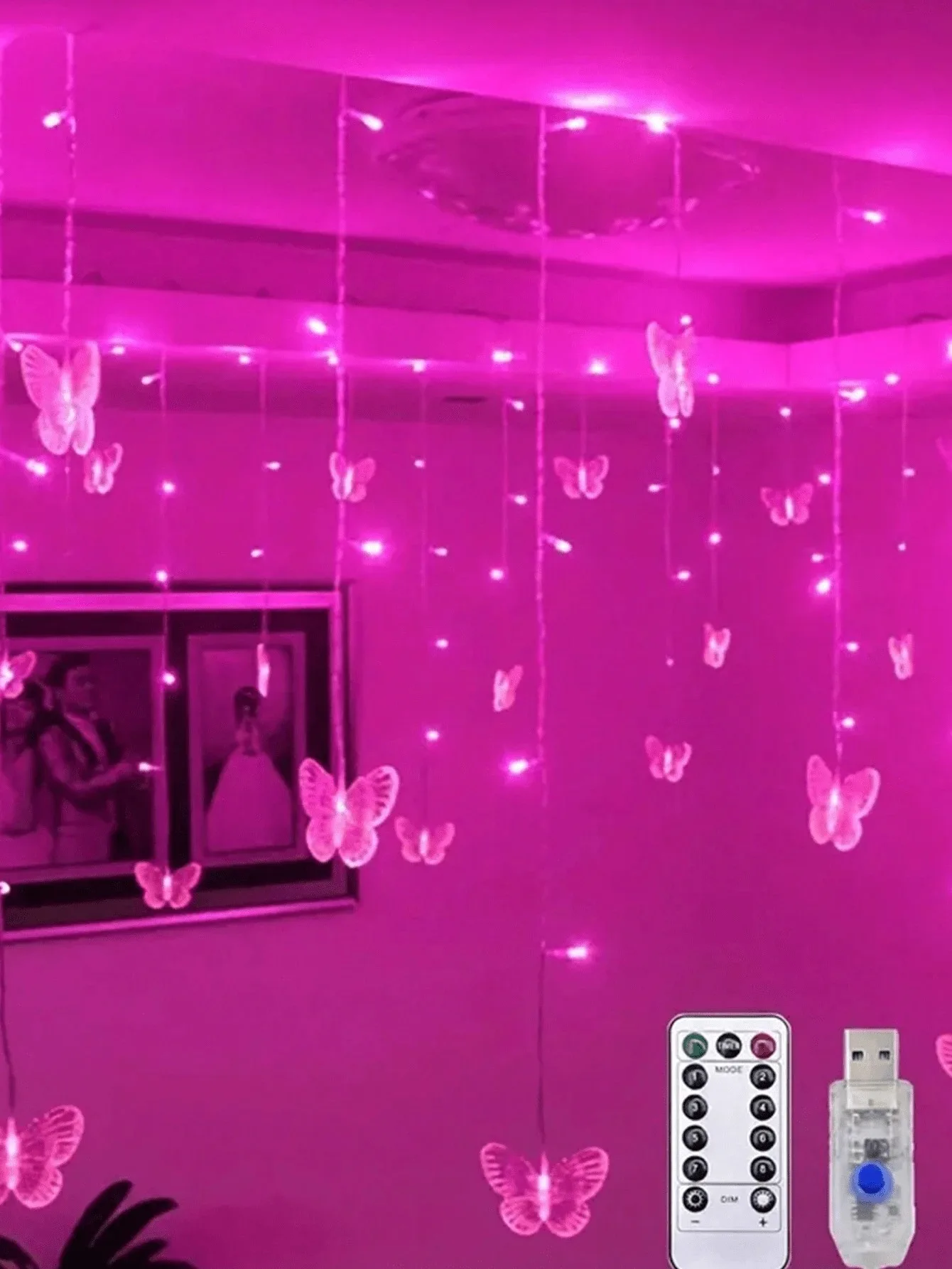96 LED Butterfly Curtain String Lights 3.5m USB Powered with Remote Control 8 Modes for Home Bedroom Wedding Party Decoration