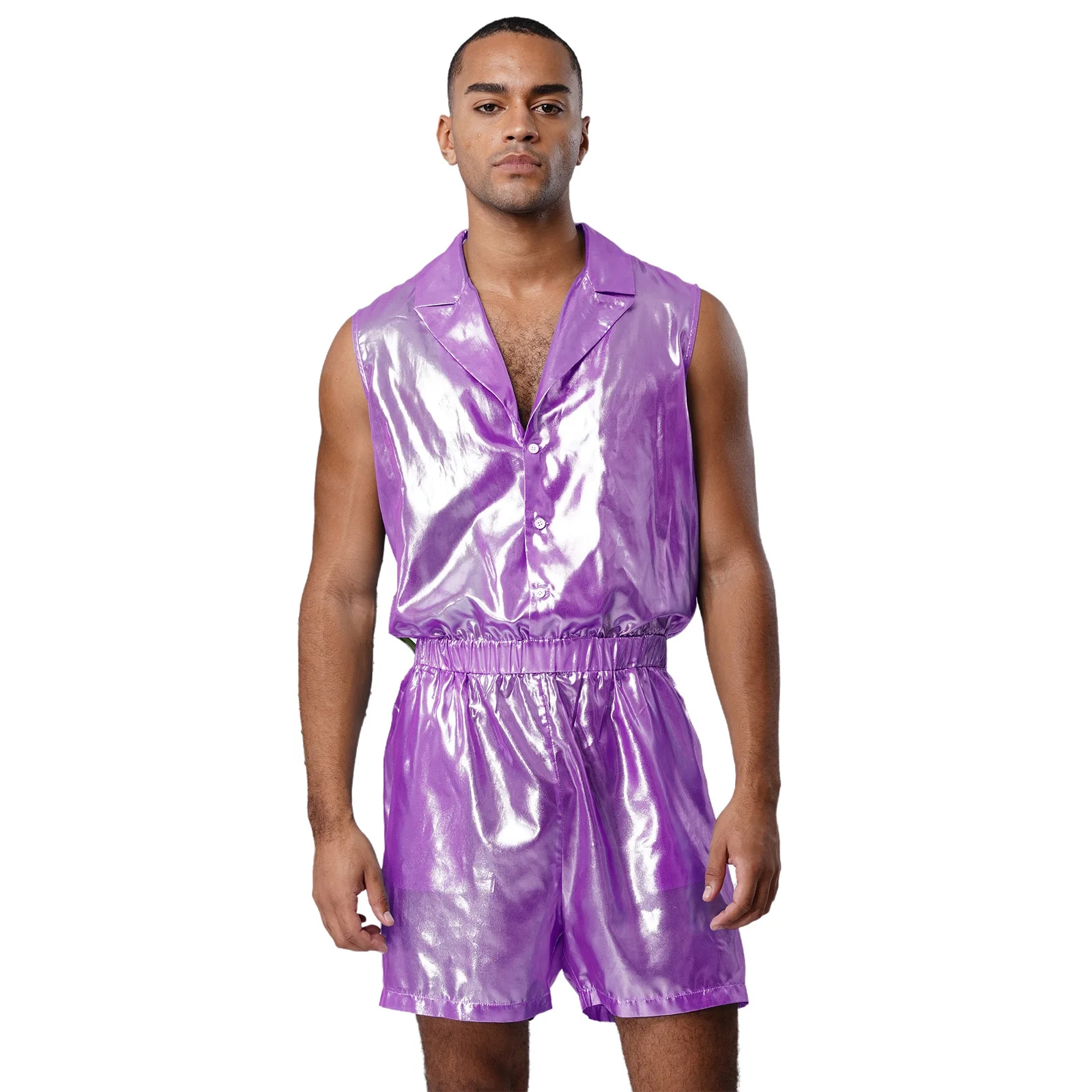 Męski szyfonowy satynowy kombinezon piżamowy bez rękawów z elastyczną talią, body na rave, imprezę, lato, na co dzień, do noszenia w domu, zestawy piżamowe.