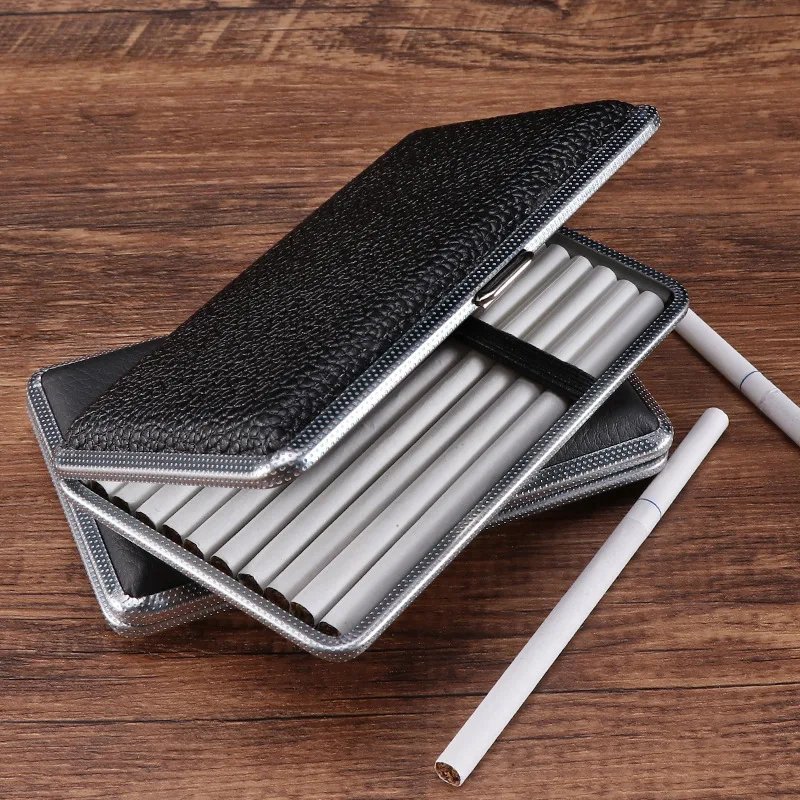 20 Sticks Gift for Men\'s Leather Cigarette Box Cigar Case Metal Leather Smoking Accessories Cigarette Lady Storage Cover Hold