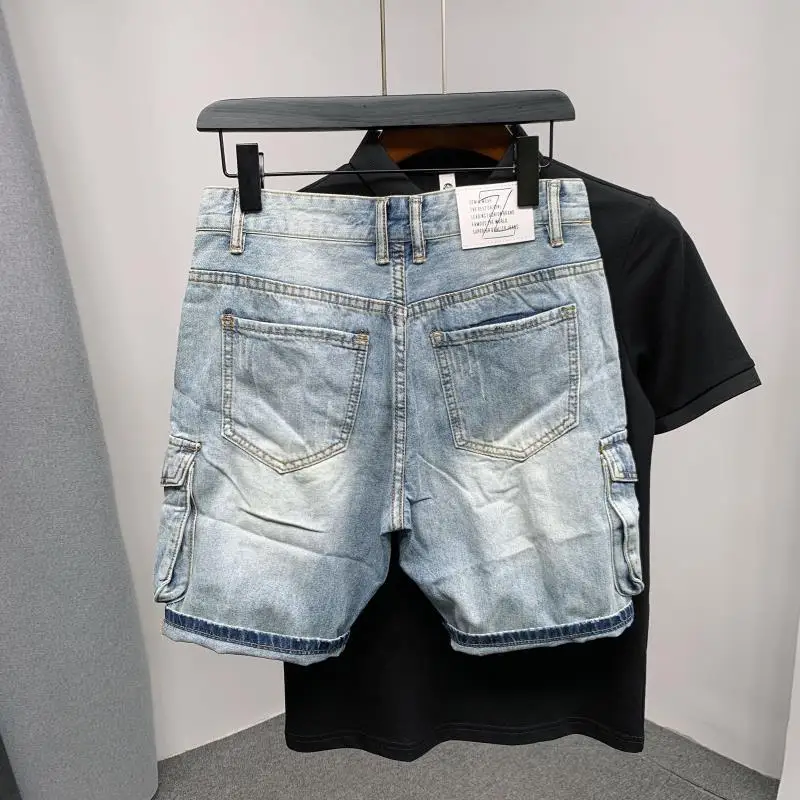 Short Jeans Pants for Men with Text Pockets Graphic Original Man Denim Shorts Distressed Stretch Thin Buttons Streetwear Summer