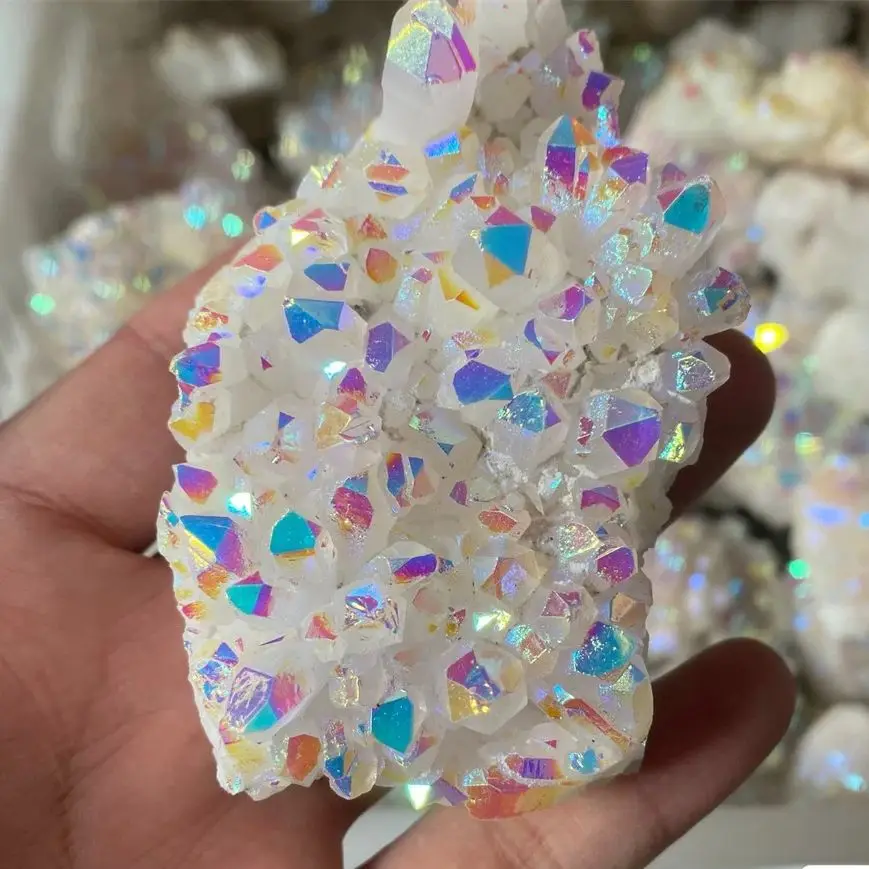 Natural Electroplate Colorful Aura Quartz Crystal Cluster White Quartz Cluster For Decoration 1pc