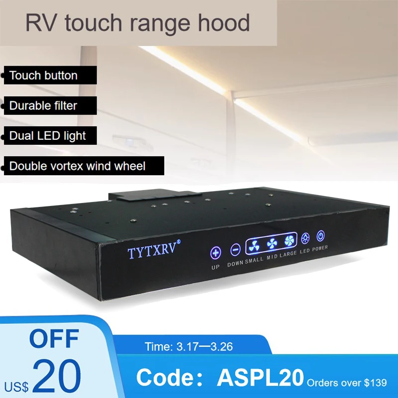 TYTXRV 12V RV Range Hood with LED Light & Touch Switch Removable Cleaning Mini Range Hood for RV Camper Kitchen