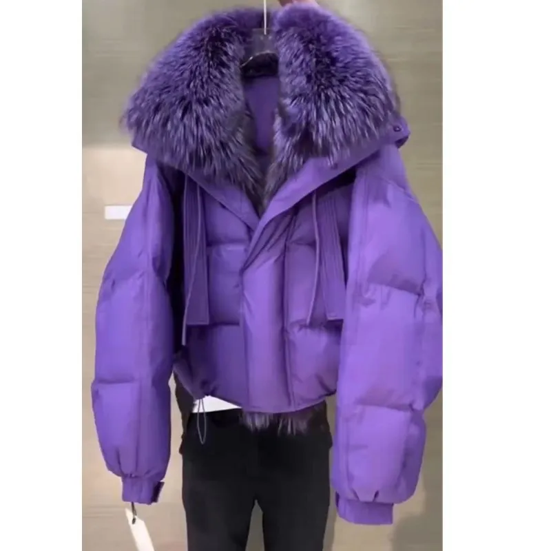 2025 Winter New Korean Version of Purple Hooded Fur Collar Cotton Jacket Loose Slimming Jacket