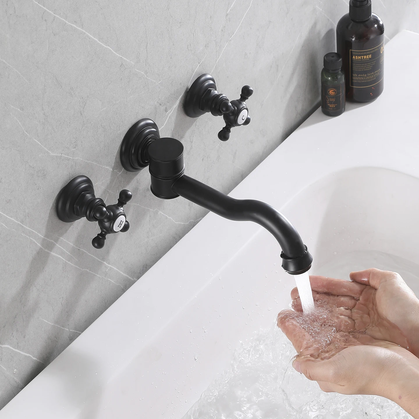

Wall Mounted 8 Inch Bathroom Sink Faucet Three Hole Lavatory Vanity Sink Faucets Double Handles Hot and Cold Mixer Taps Black