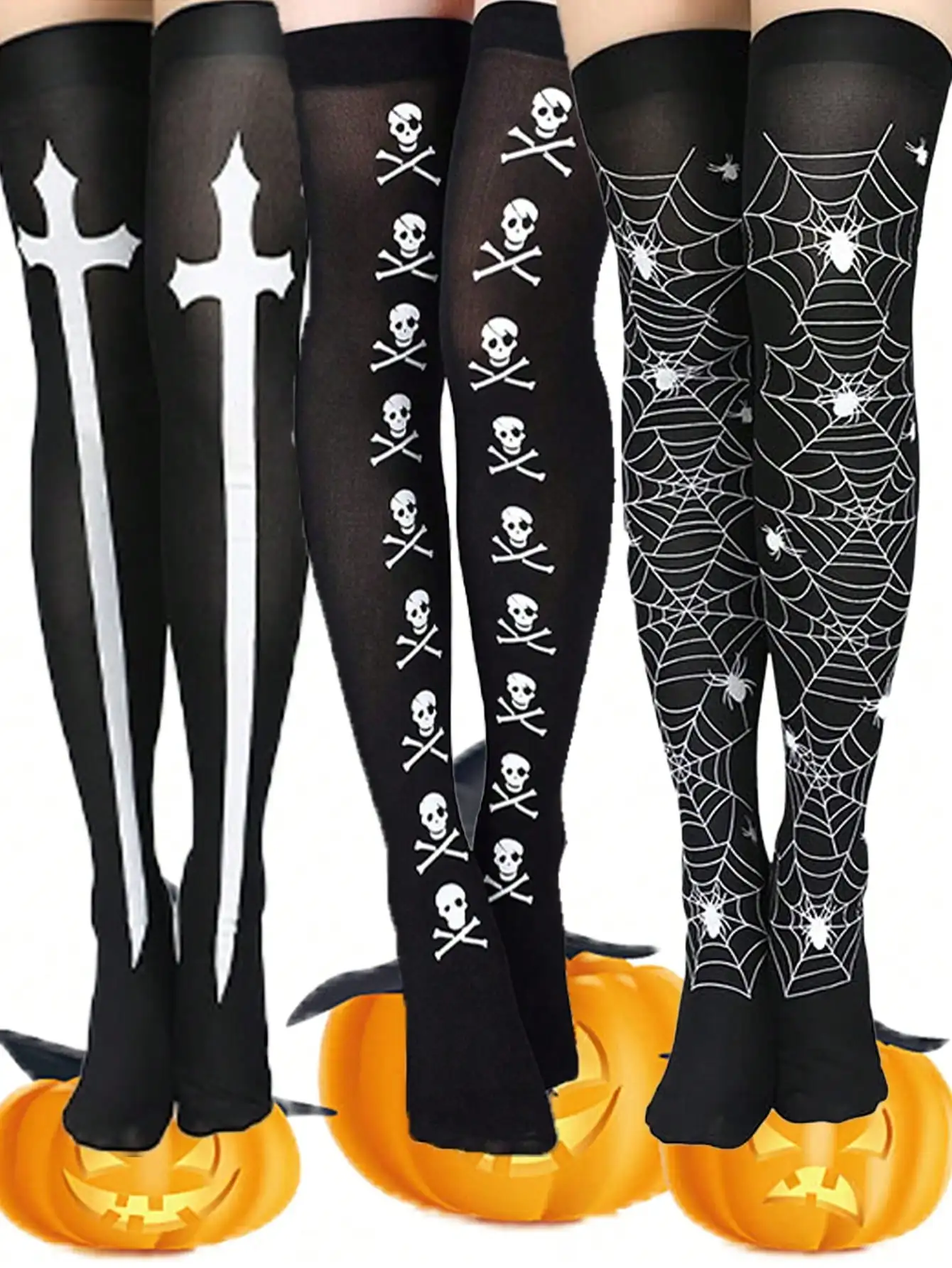 

Black Gothic Over-The-Knee Socks with Skull, Cross & Spider Web Prints for Halloween Costume