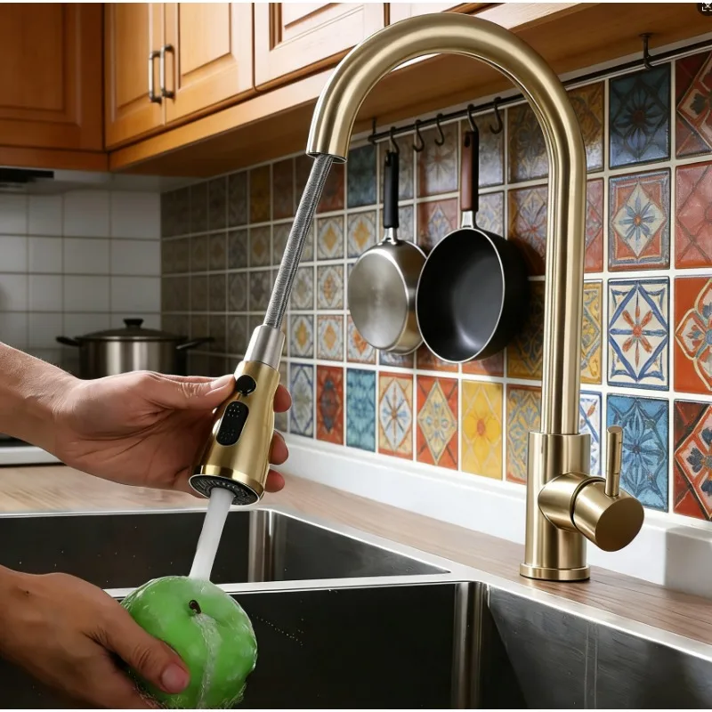 

Смеситель для кухни из нержавеющей стали 304 с эффектом матового золота, выдвижной, с функцией горячей и холодной воды, без свинца, для раковины