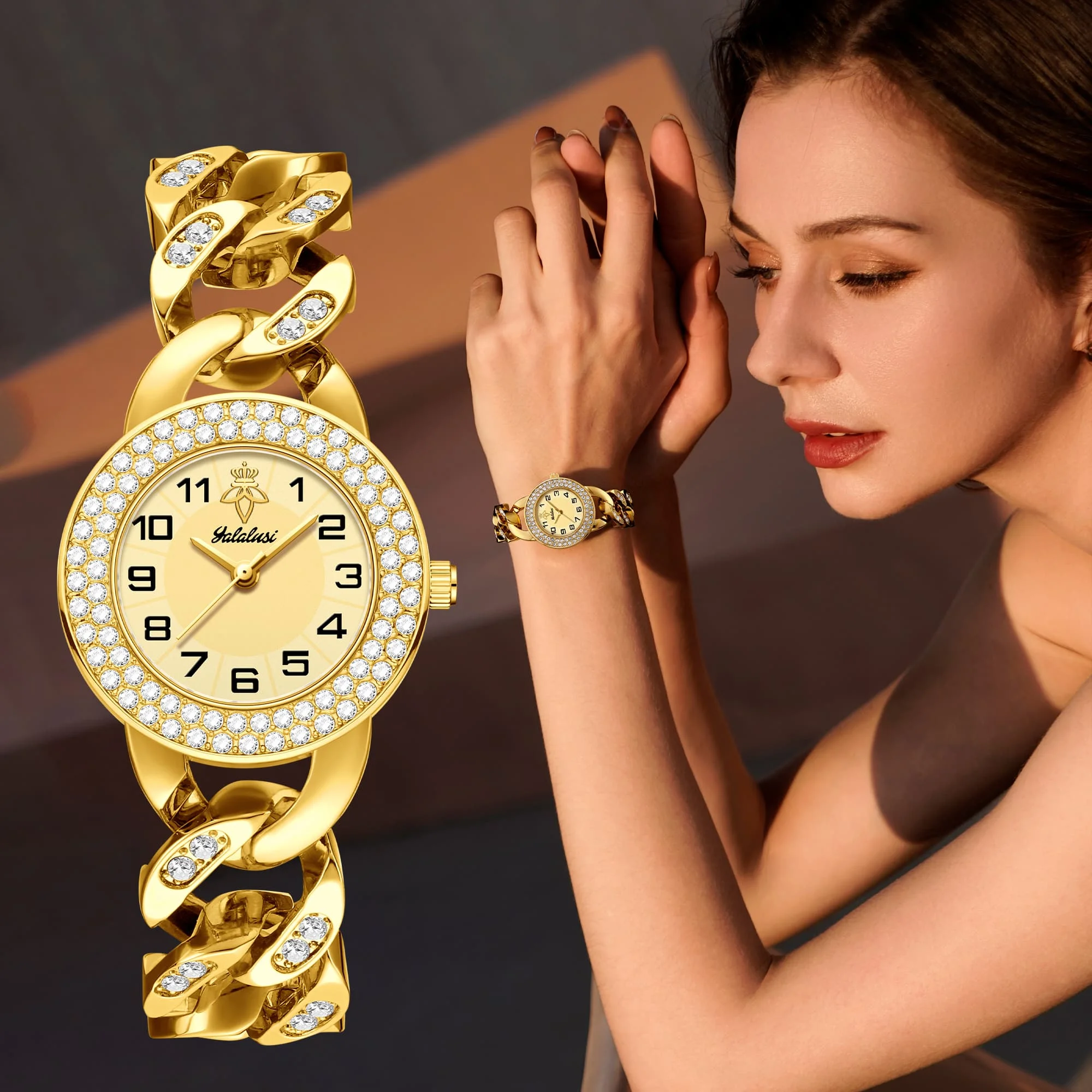 YaLaLuSi Luxury  Rhinestone Women Watch Crystal Paved Bezel & Chain Links Champagne Dial Waterproof Ladies Quartz Watch With Gift Box For Birthday Valentine Mother's Day