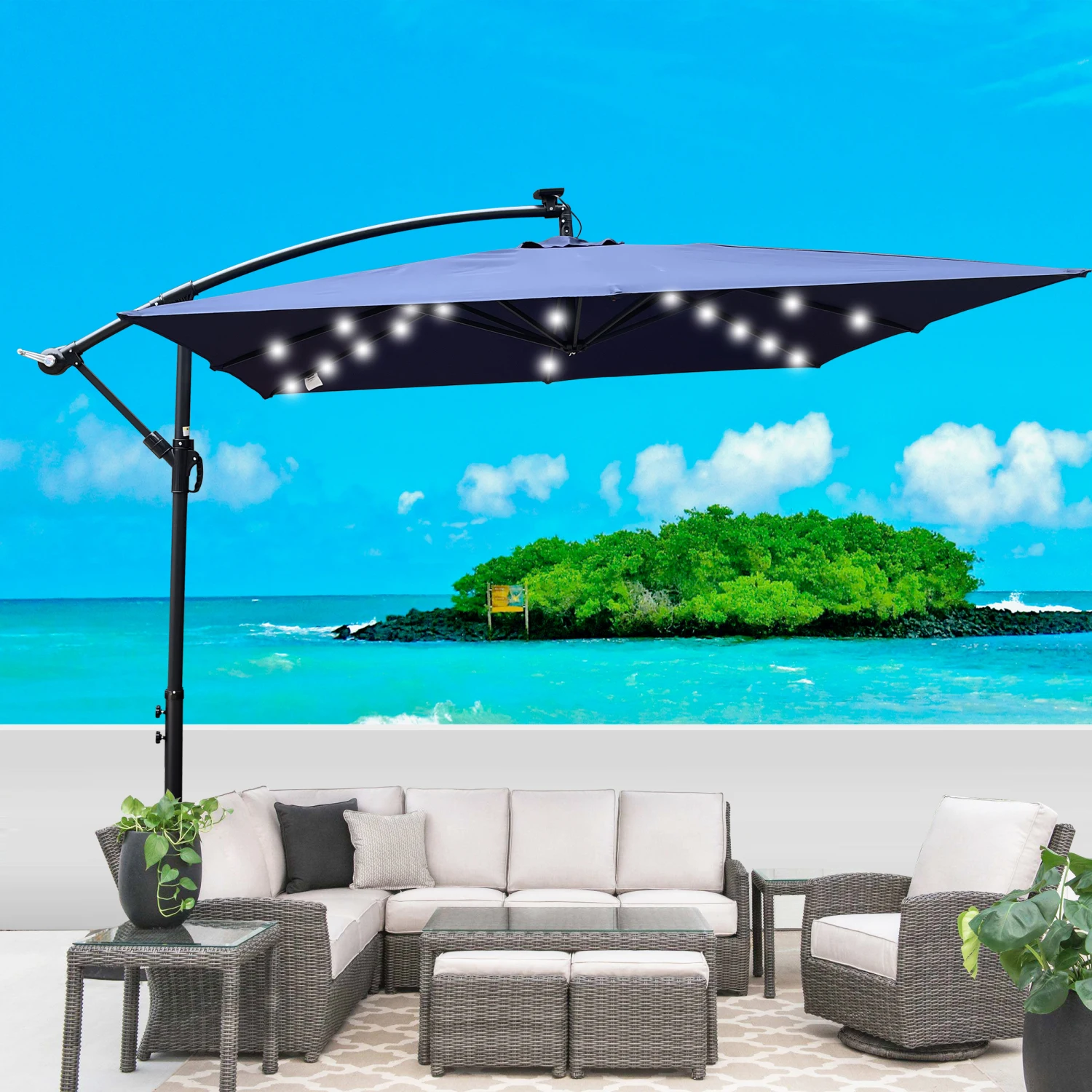 

Square 2.5X2.5M Outdoor Patio Umbrella Solar Powered LED Lighted Sun Shade Market Waterproof 8 Ribs Umbrella with Crank and Cros