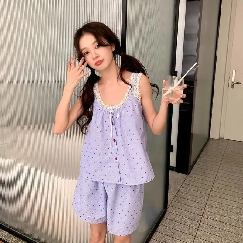 

Women's Pajama Set Fashion Homewear Lace Trim Camisole Pajamas 2025 New Summer Ins Style Contrast Color For Home and Outdoor