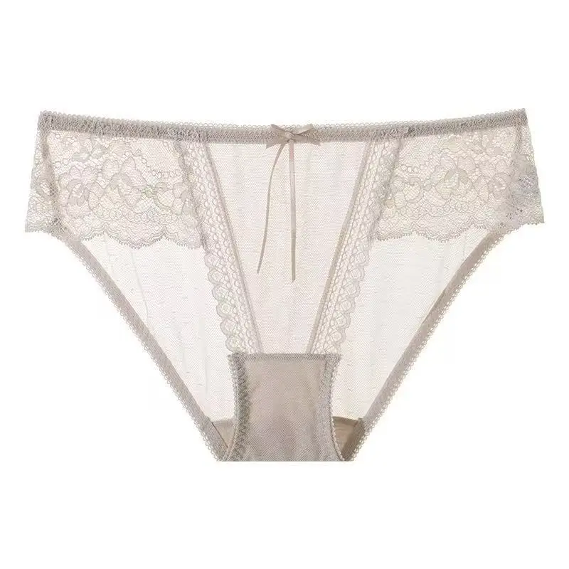 Pack of 5, clear mesh lace underwear women's thin breathable briefs girl's high split cotton crotch panties