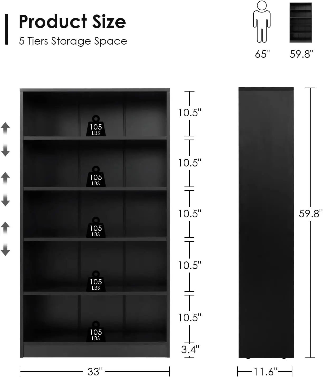 Zwarte boekenplank voor slaapkamer 5 planken kantoorboekenkast 60 inch hoog moderne houten boekenplank voor woonkamer 5-laags breed mang