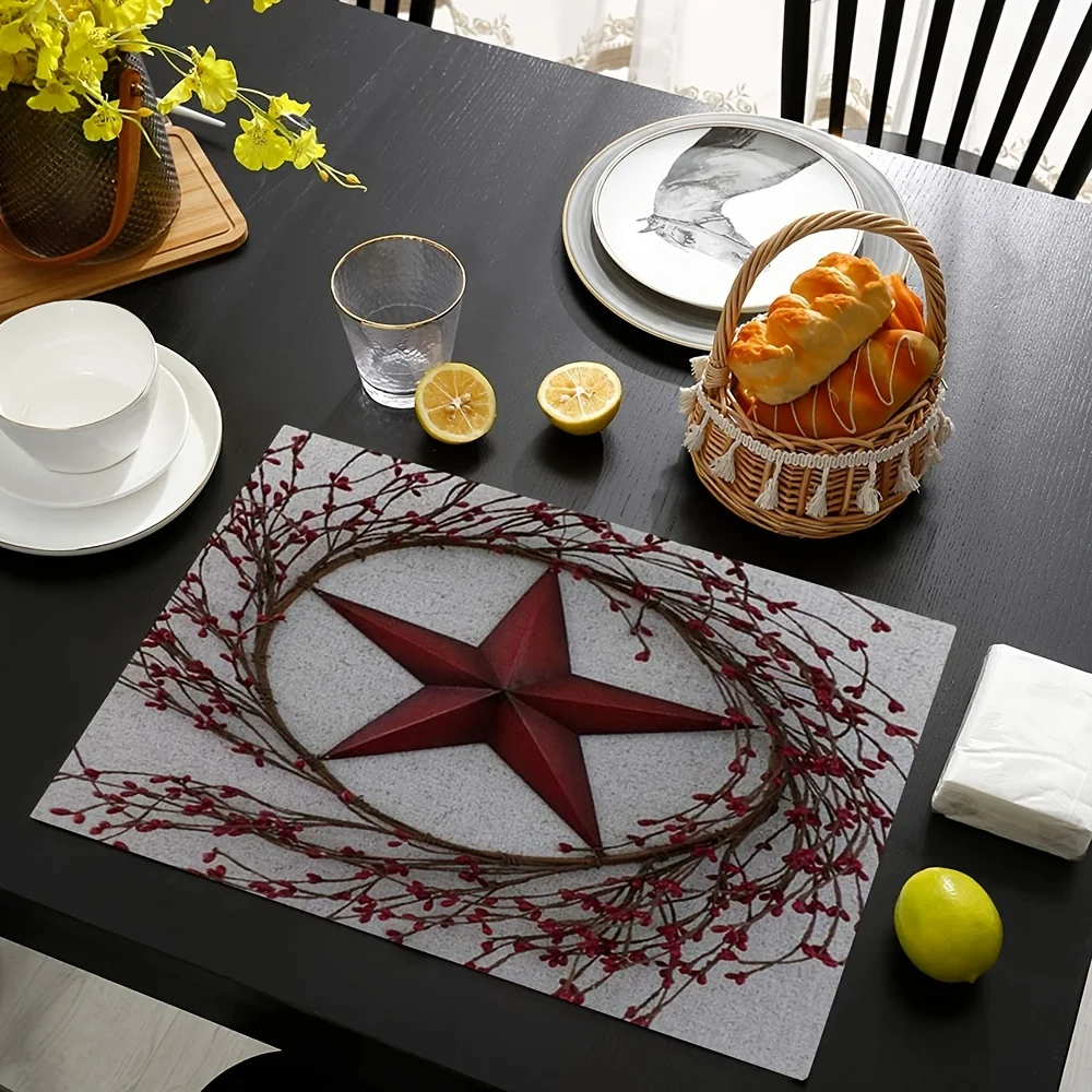 2Pcs Western Country Red Stars Berries Patio Decor Table Mats Heat Resistant Non-Slip Place Mats,Kitchen Table Decor