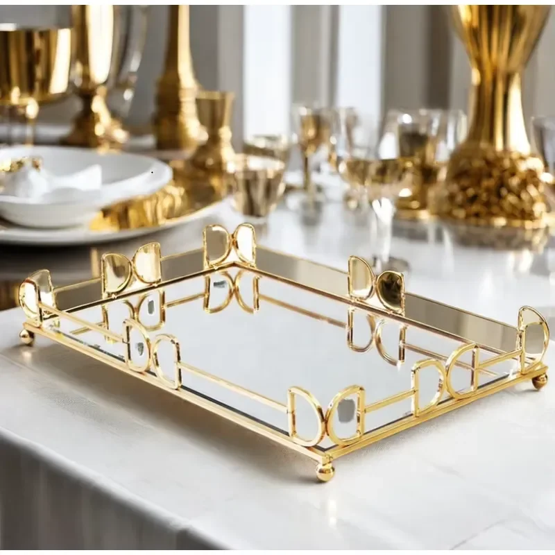 Luxury Gold Metal Mirror Tray Rectangle Round Cake Dessert Fruit Serving Platter for Wedding Party Home Decoration