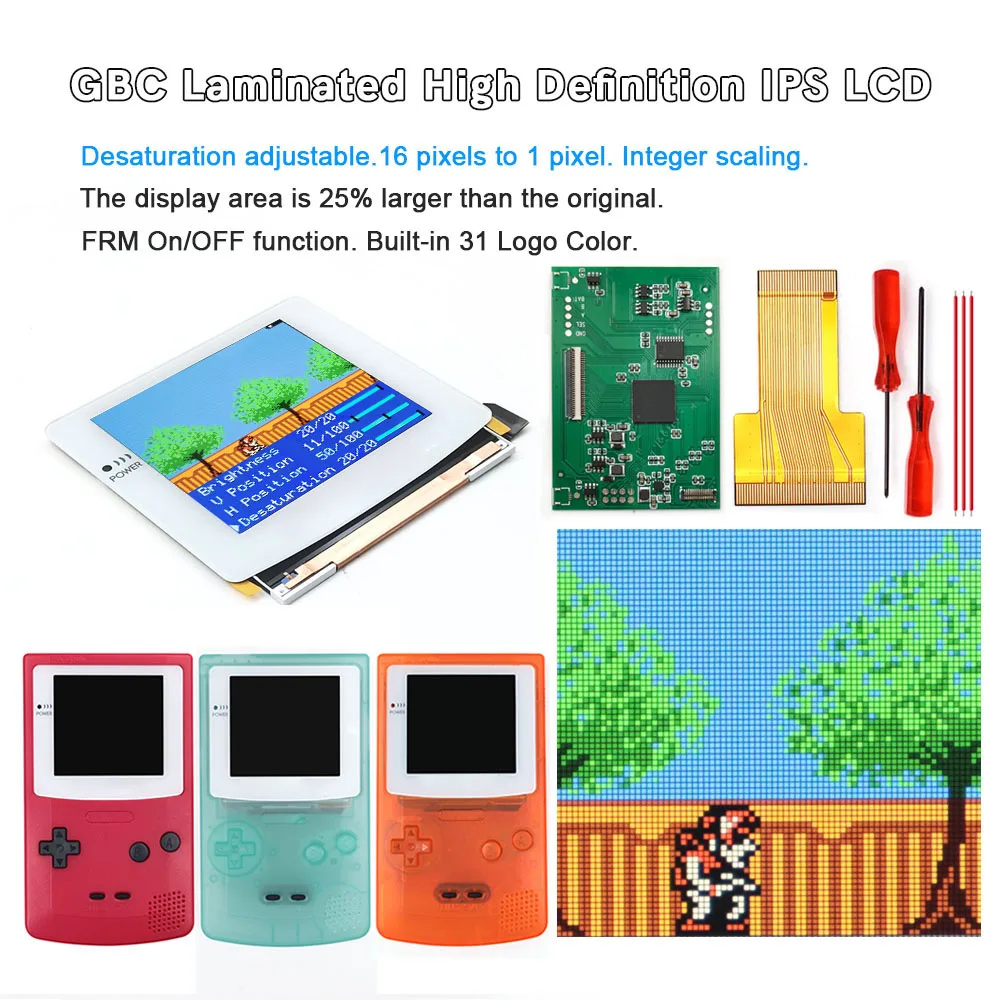 3.1 inch White Lens GBC Q5 Larger IPS Laminated LCD Screen Build in OSD Menu With Customized Shell For GameBoy Color Console