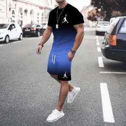 New summer 3D men's gradient suit casual fashion jogging sportswear short-sleeved T-shirt + street shorts two-piece set