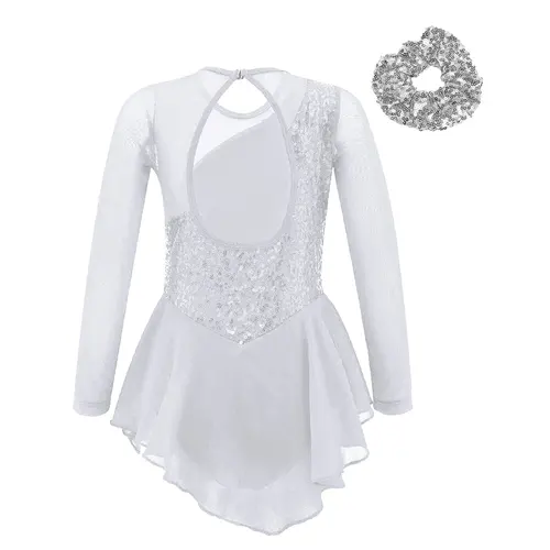 Imagen 2 del producto Vestido de salón para niños, vestido de patinaje sobre hielo con lentejuelas florales, falda de gimnasia de manga larga para niñas, traje de baile de leotardo