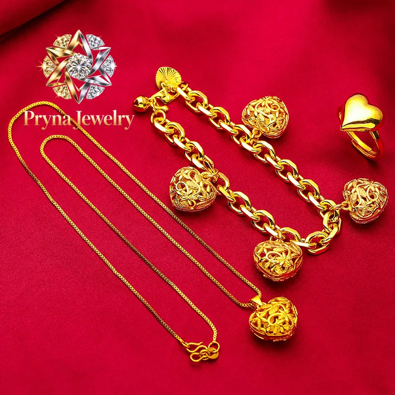 Pryna Jewelry   Hollow love bracelet necklace ring set for women 24K gold, AU999 dating gift romantic tools exclusive