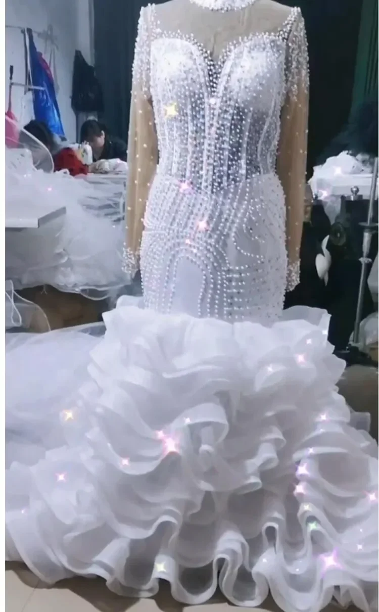 Personalizado ver através de pérolas contas sereia vestidos de casamento vestido de noiva manga cheia babados em cascata vestidos de noiva