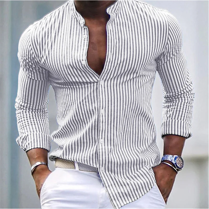 Men\'s button-up shirt Summer Beach shirt Long sleeve striped stand collar Hawaiian Holiday Print clothing Fashion classic casual